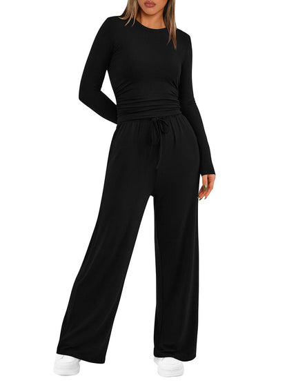 Solid Color Pleated Round-Neck T-Shirts Tops +  Elasticated Waist High Waisted Drawstring Pants Two Pieces Set