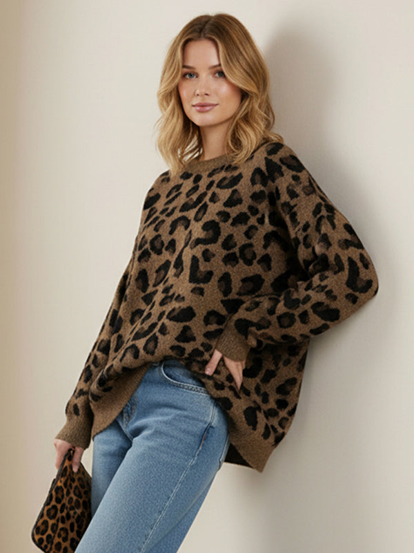 Long Sleeves Loose Leopard Round-Neck Sweater Tops