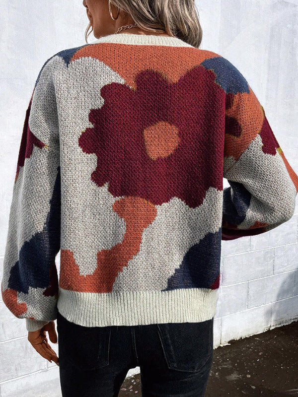 Loose Puff Sleeves Asymmetric Knitted Flower Split-Joint Round-Neck Sweater Tops