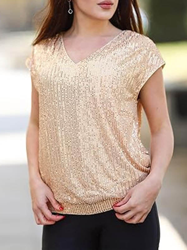 Loose Raglan Sleeve Sequined Solid Color V-Neck T-Shirts Tops