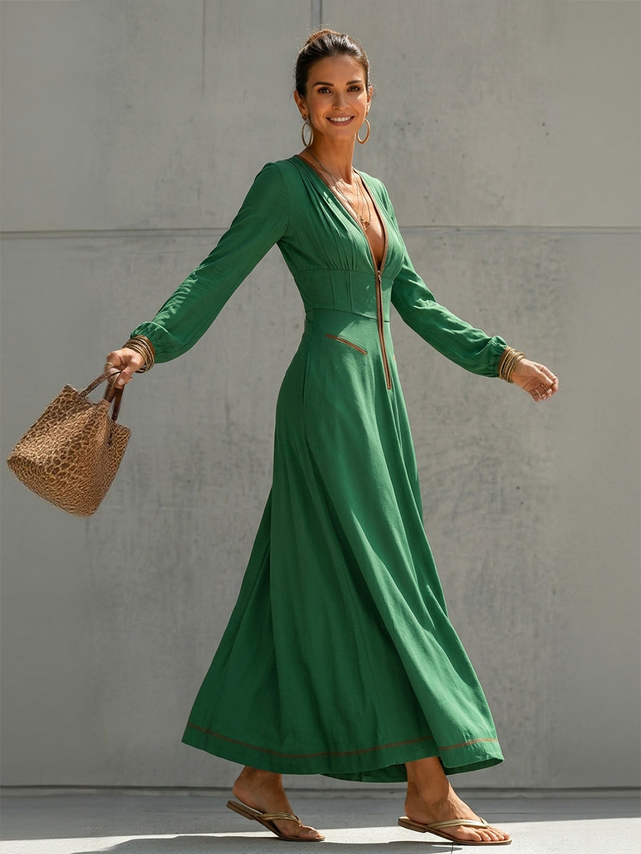 A-Line High Waisted Pockets Solid Color Zipper Deep V-Neck Maxi Dresses