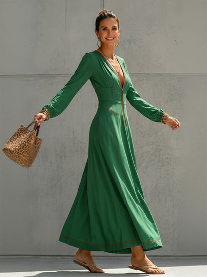 A-Line High Waisted Pockets Solid Color Zipper Deep V-Neck Maxi Dresses