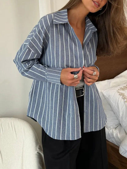 Long Sleeves Loose Buttoned Contrast Color Split-Joint Striped Lapel Blouses&Shirts Tops