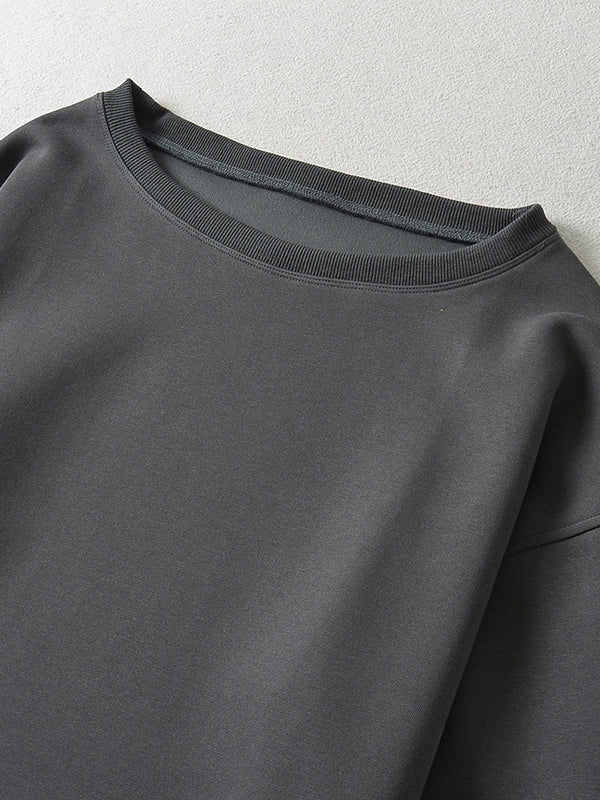 Long Sleeves Loose Solid Color Split-Joint Round-Neck Sweatshirt Tops