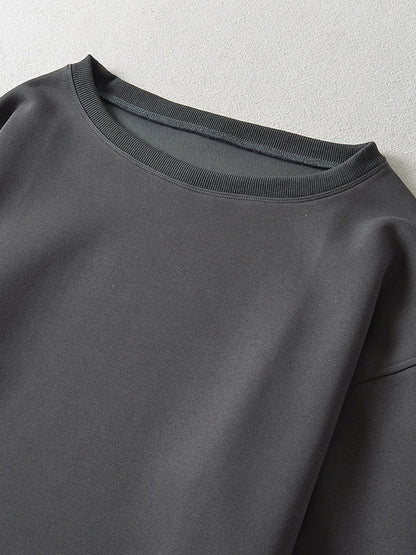 Long Sleeves Loose Solid Color Split-Joint Round-Neck Sweatshirt Tops
