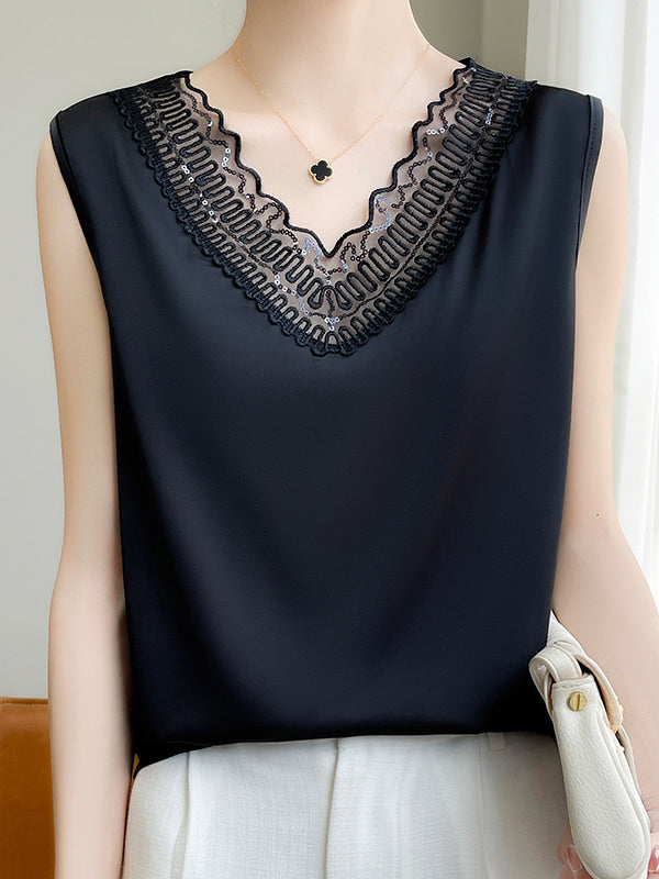 Loose Plus Size See-Through Solid Color Split-Joint Round-Neck Vest Top