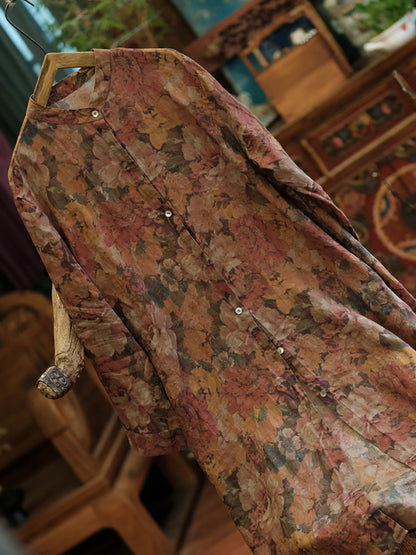 Women Vintage Floral Retro Ramie Button-up Long Shirt