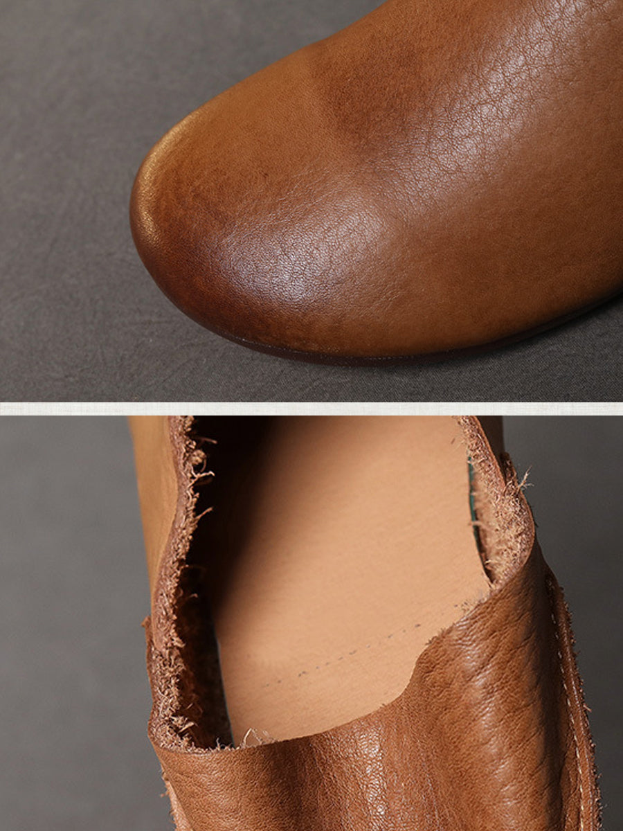 Women Retro Soft Leather Spliced Solid Low-Heel Shoes