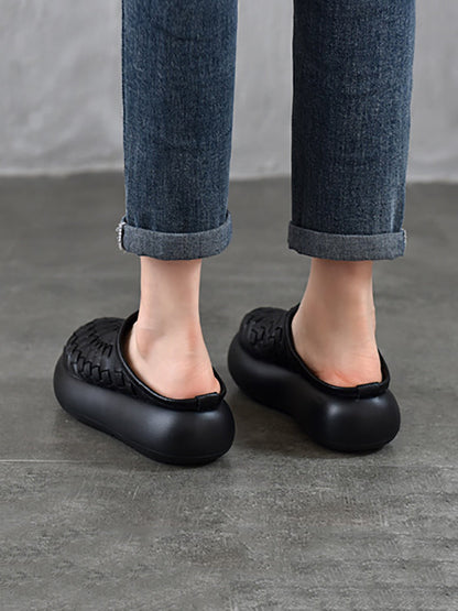 Women Genuine Leather Weave Platform Slippers