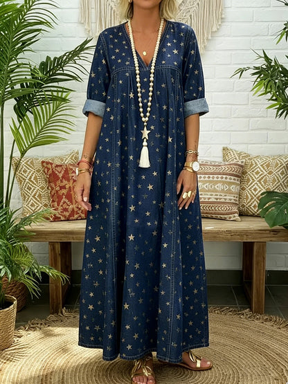 A-Line Long Sleeves Pleated Pockets Printed Split-Joint V-Neck Maxi Dresses