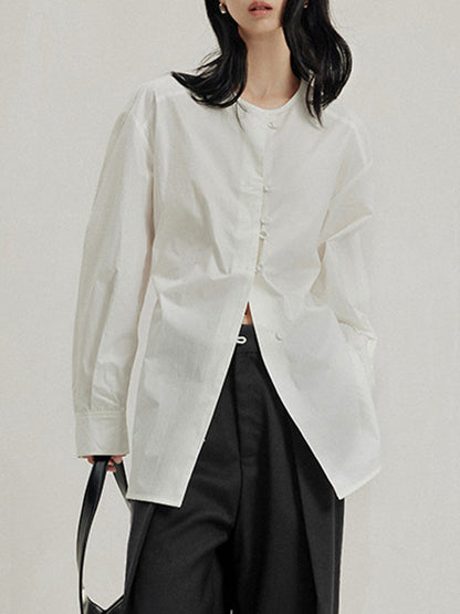 Long Sleeves Loose Buttoned Solid Color Tied Round-Neck Blouses&Shirts Tops