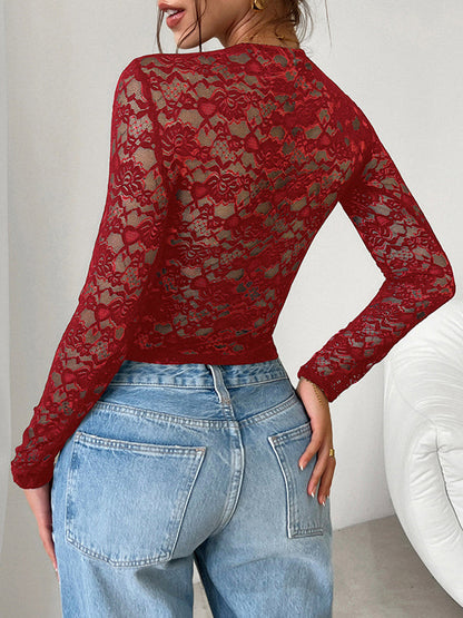 Long Sleeves Skinny Bow-Embellished Flower Print Hollow See-Through Split-Joint Tied Square-Neck Blouses&Shirts Tops