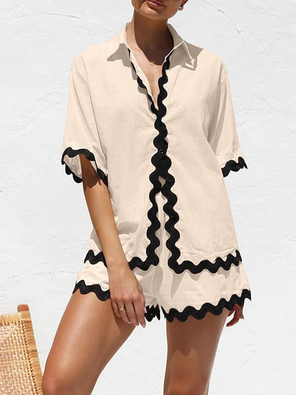 Loose Contrast Color Shirts Tops & Shorts Two Pieces Set