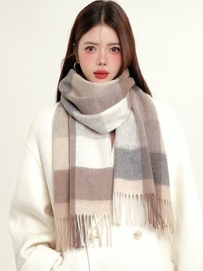 Contrast Color Keep Warm Tasseled Shawl&Scarf