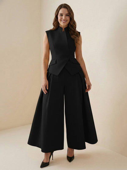 Elasticated Waist High Waisted Asymmetric Buttoned Solid Color Split-Joint Stand Collar Tank Top
