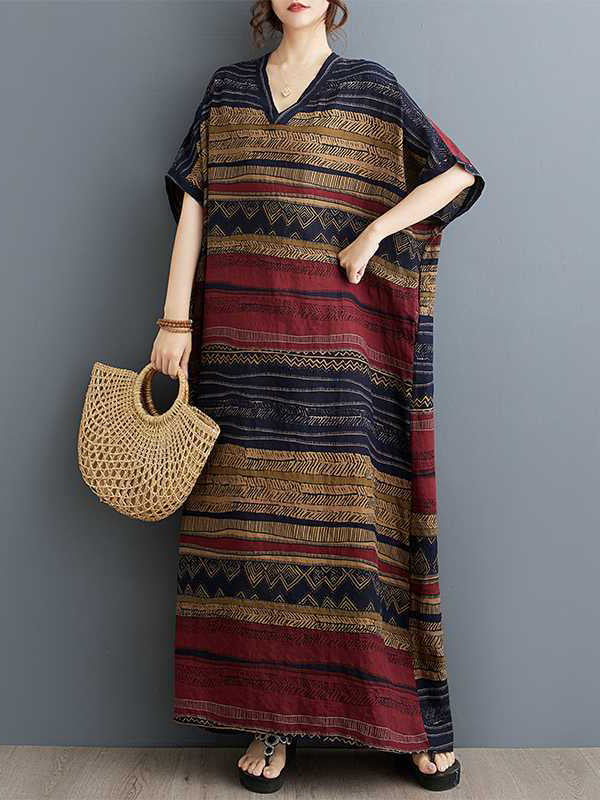 A-Line Batwing Sleeves Split-Joint Striped V-Neck Maxi Dresses