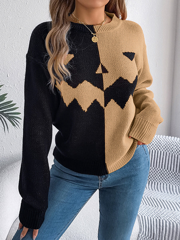 Long Sleeves Loose Contrast Color Split-Joint Round-Neck Pullovers Sweater Tops