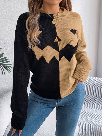 Long Sleeves Loose Contrast Color Split-Joint Round-Neck Pullovers Sweater Tops