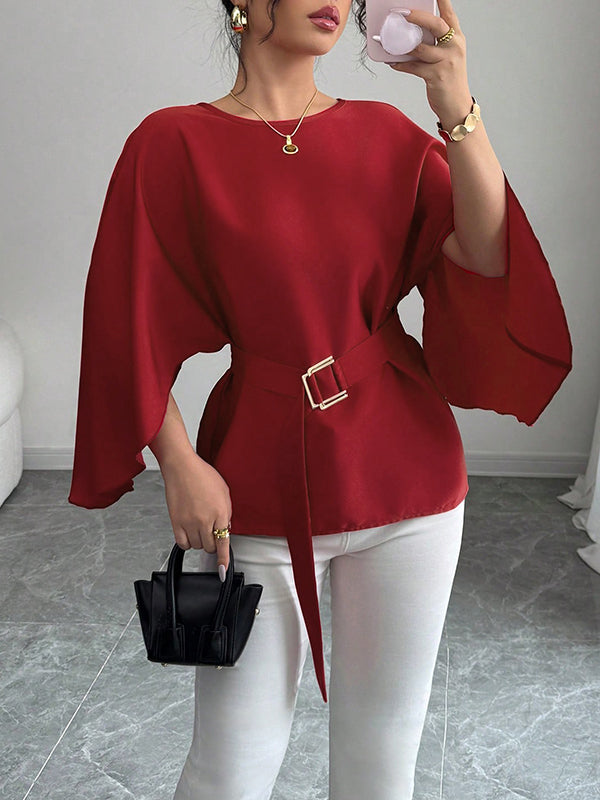 Batwing Sleeves Split-Joint Tied Waist Round-Neck Blouses&Shirts Tops