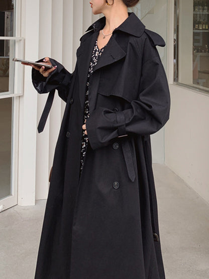 Long Sleeves Loose Buckle Buttoned Solid Color Split-Back Lapel Trench Coats