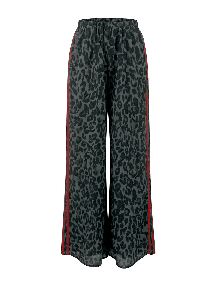 Loose Wide Leg Contrast Color Leopard Pockets See-Through Split-Joint Striped Pants Trousers