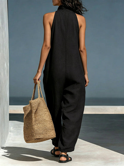 Loose Sleeveless Hollow Pockets Solid Color Mock Neck Jumpsuits