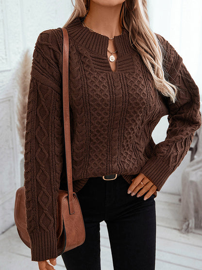 Long Sleeves Loose Solid Color Split-Joint V-Neck Pullovers Sweater Tops