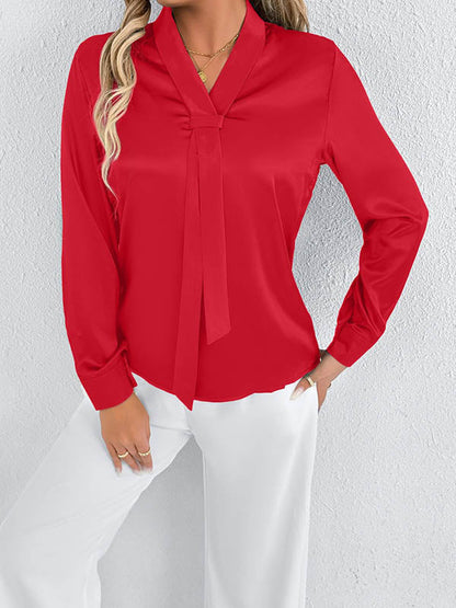 Long Sleeves Loose Solid Color Split-Joint Streamer Scarf Collar Blouses&Shirts Tops