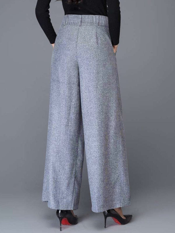 Loose Wide Leg Buttoned No Belt Pleated Pockets Solid Color Split-Joint Pants Trousers