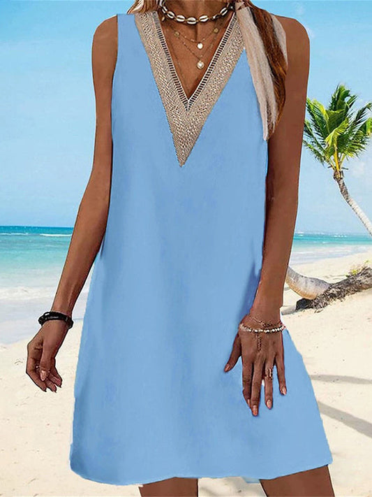 A-line Loose Hollow Split-Joint V-neck Mini Dresses