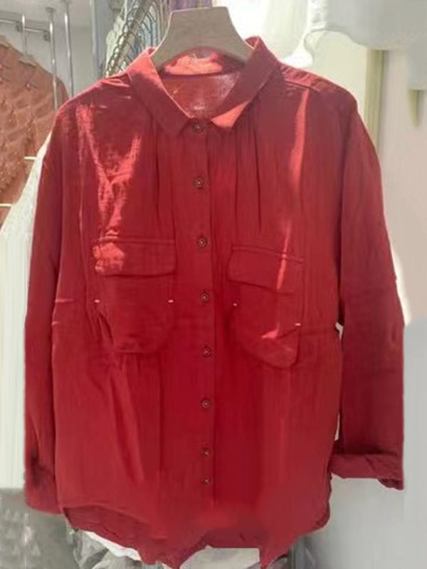 High-Low Long Sleeves Buttoned Pockets Lapel Blouses&Shirts Tops