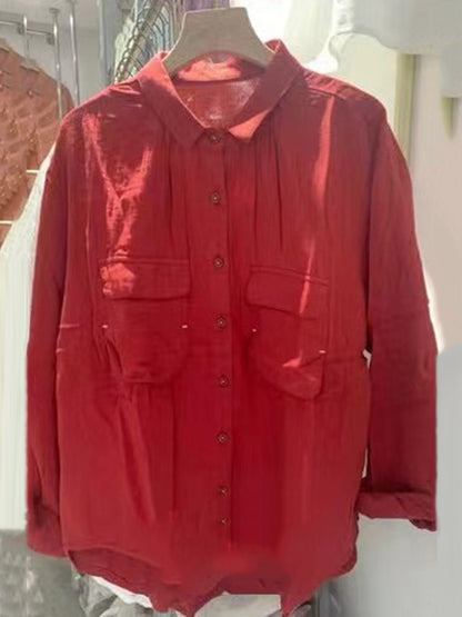 High-Low Long Sleeves Buttoned Pockets Lapel Blouses&Shirts Tops