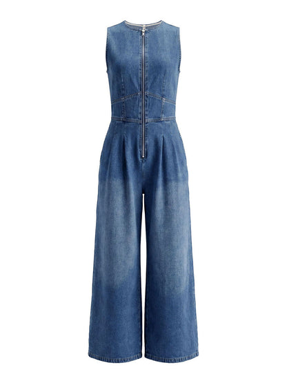 High Waisted Sleeveless Pleated Pockets Solid Color Zipper Round-Neck Jumpsuits