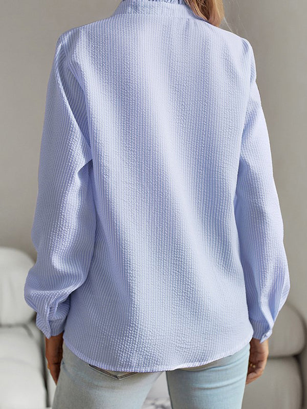 Long Sleeves Loose Asymmetric Pleated Ruffled Split-Joint Striped Stand Collar Blouses&Shirts Tops