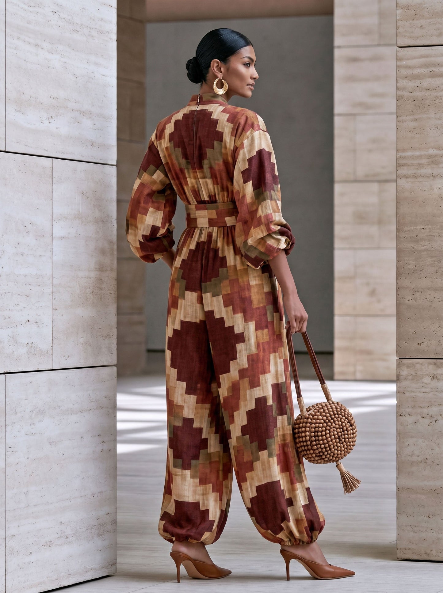 Zipper Pockets Pleated Elasticity Contrast Color Color-Block Wide Leg Loose V-neck Jumpsuits