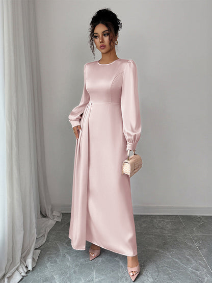 A-Line Elasticated Waist Asymmetric Pleated Solid Color Split-Joint Round-Neck Maxi Dresses