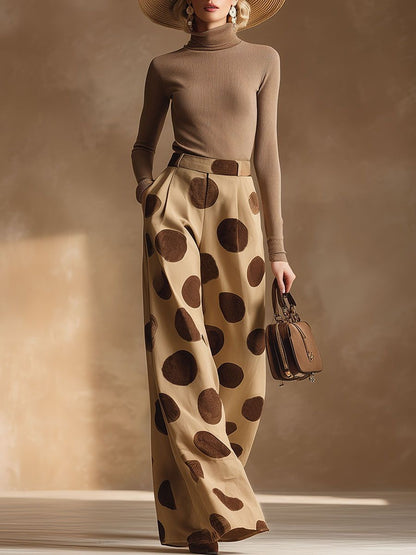 High Waisted Wide Leg Pleated Pockets Polka-Dot Pants Trousers