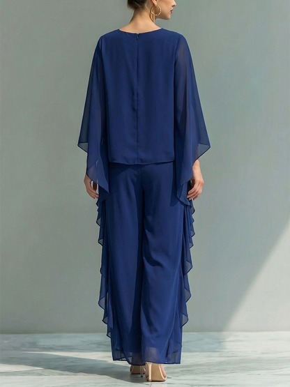 Batwing Sleeves Long Sleeves Ruffled Solid Color Round-Neck Blouses Top + Pants Bottom Two Pieces Set