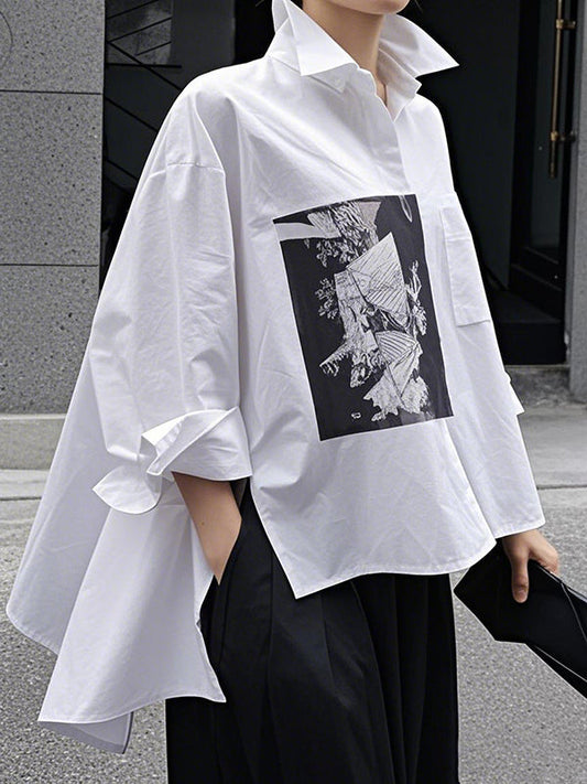 A-Line High-Low Buttoned Pockets Printed Split-Side Stand Collar Blouses&Shirts Tops
