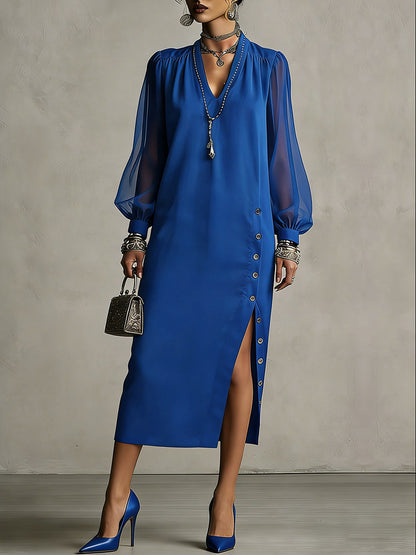 Long Sleeves Puff Sleeves Buttoned Pleated Pockets Solid Color Split-Side V-Neck Midi Dresses