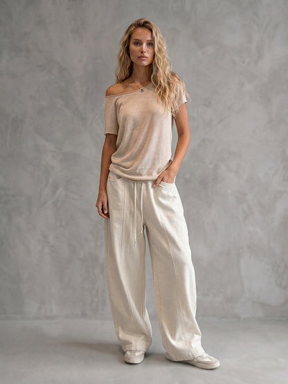 Loose Wide Leg Drawstring Pockets Solid Color Pants