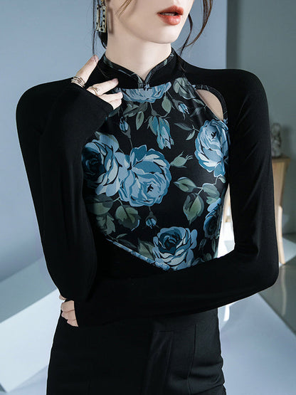 Long Sleeves Skinny Buttoned Flower Print Hollow Split-Joint Round-Neck T-Shirts Tops