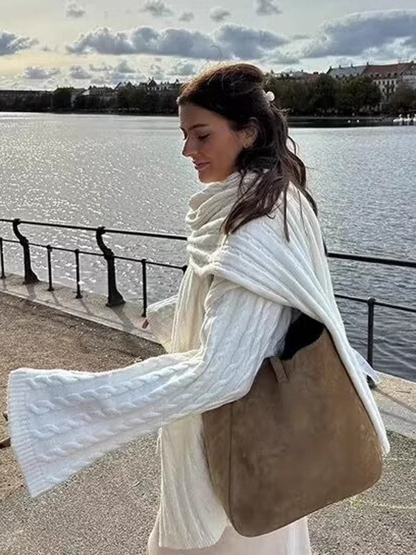 Long Sleeves Loose Solid Color Split-Joint Round-Neck Sweater Tops + Scarf Two Pieces