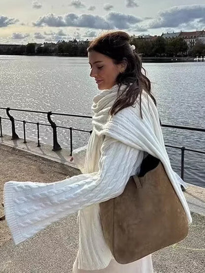 Long Sleeves Loose Solid Color Split-Joint Round-Neck Sweater Tops + Scarf Two Pieces