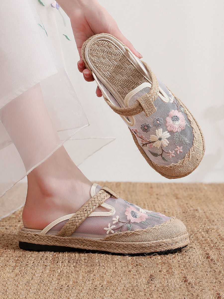 Women Summer Flower Embroidery Slippers