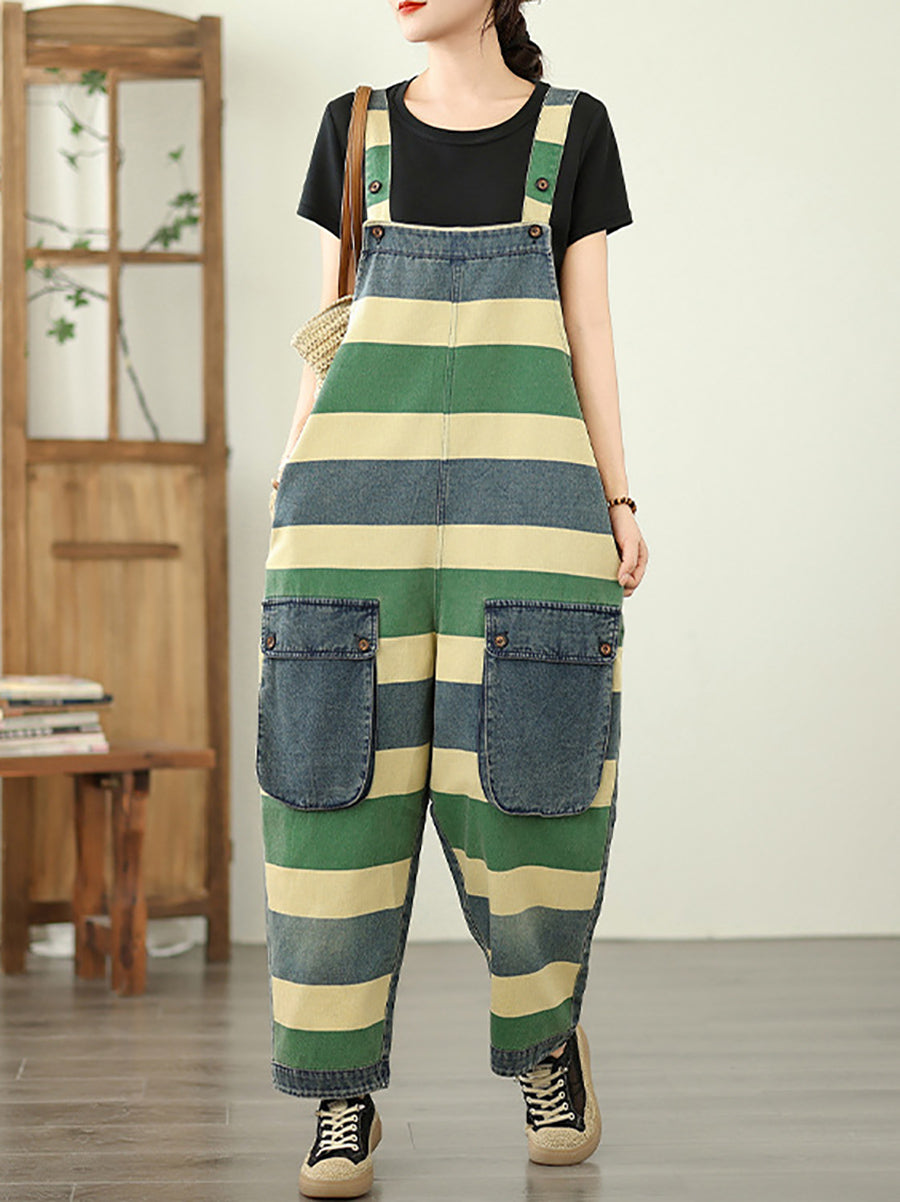 Women Summer Colorblock Stripe Denim Loose Jumpsuits
