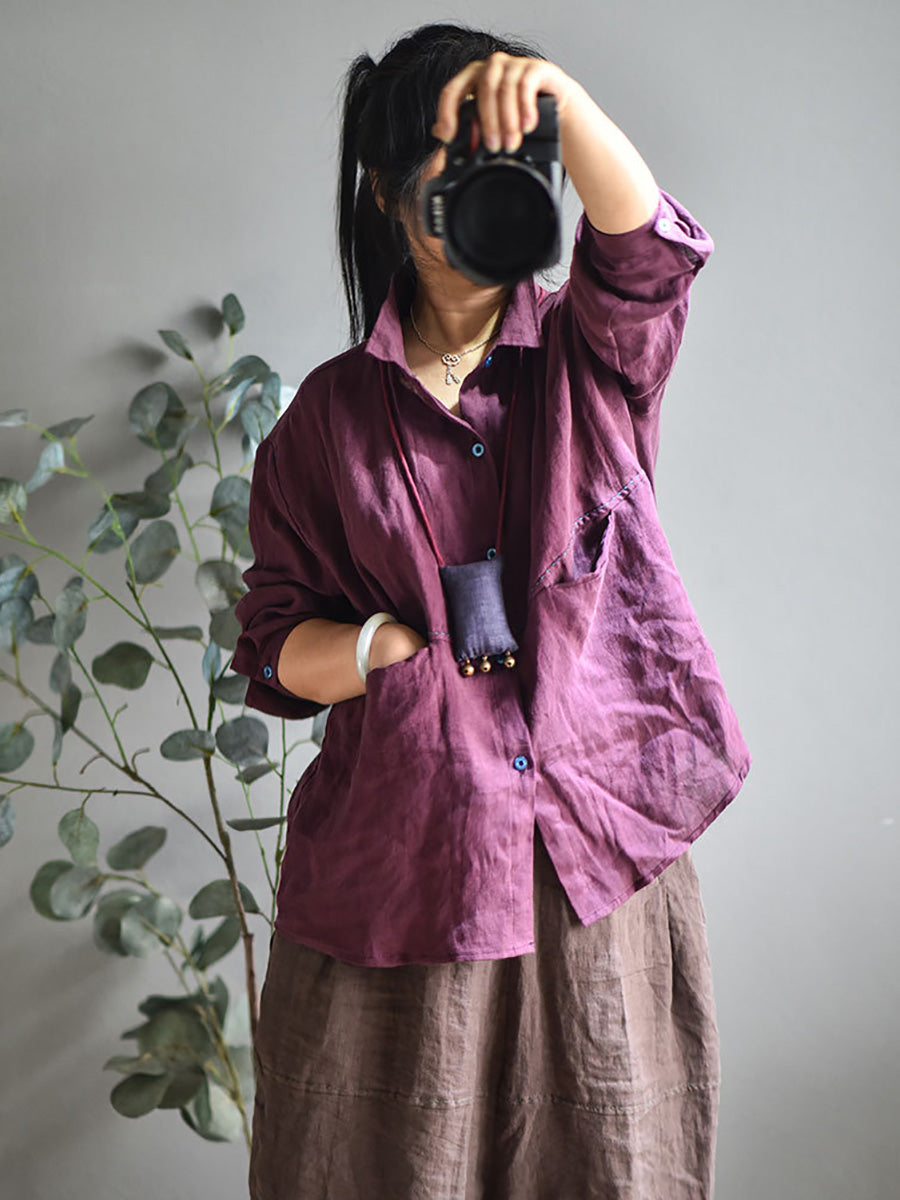 Plus Size Women Casual Solid Spring Stitching Linen Shirt