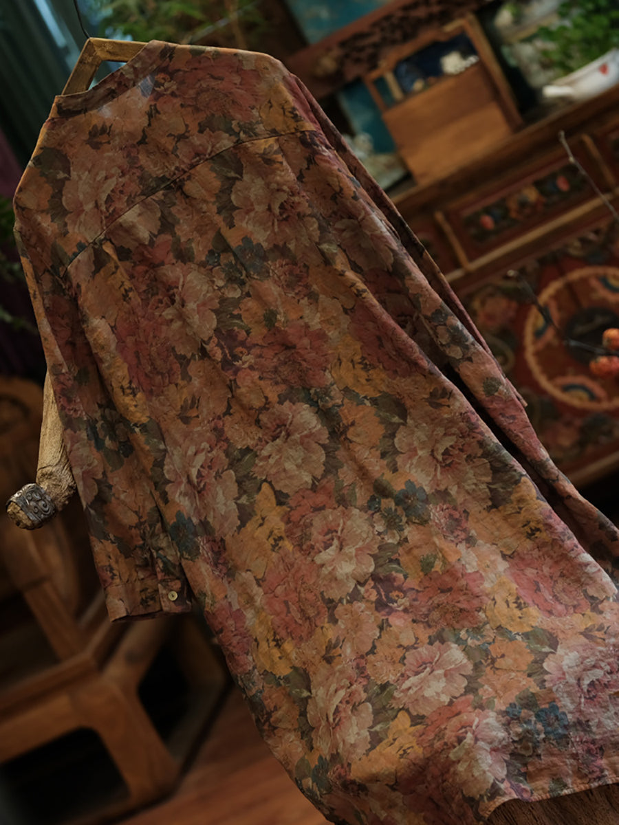 Women Vintage Floral Retro Ramie Button-up Long Shirt