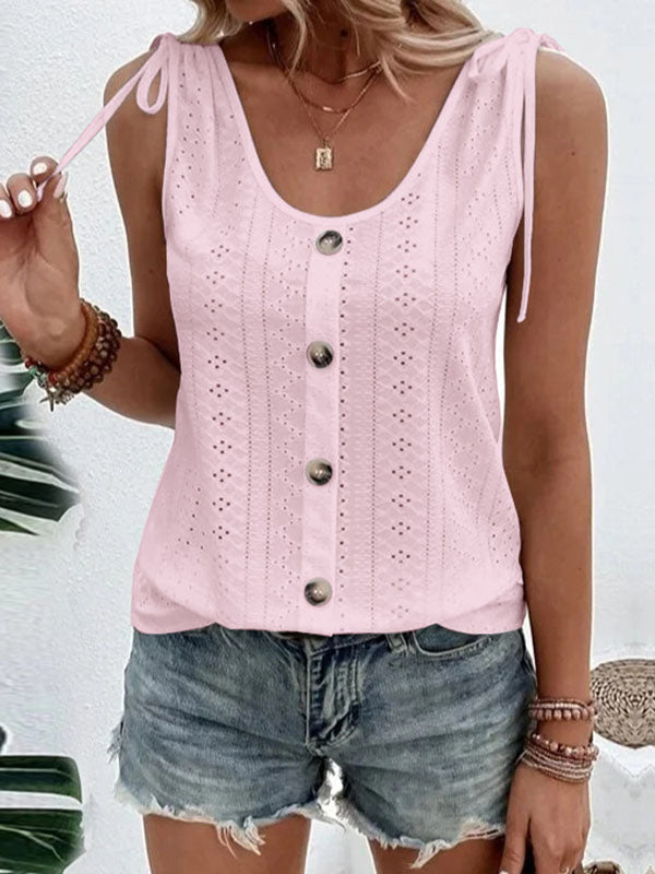 Loose Plus Size Buttoned Hollow Pleated Split-Joint Tied U-neck Vest Top