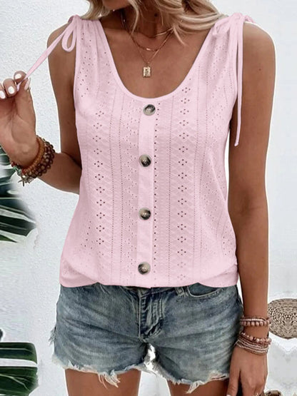 Loose Plus Size Buttoned Hollow Pleated Split-Joint Tied U-neck Vest Top